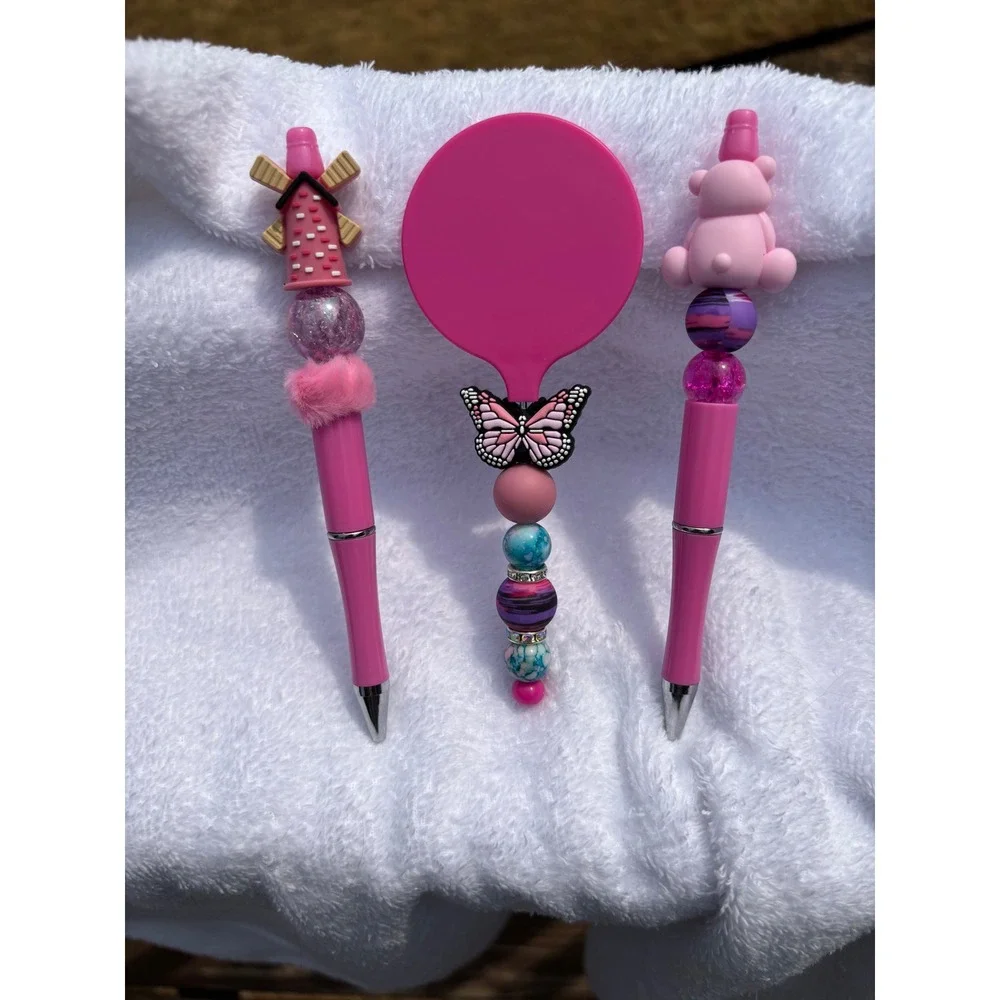Handmade Beaded Pen and Mirror Set Pink Windmill Bear Butterfly 3 Piece Kit